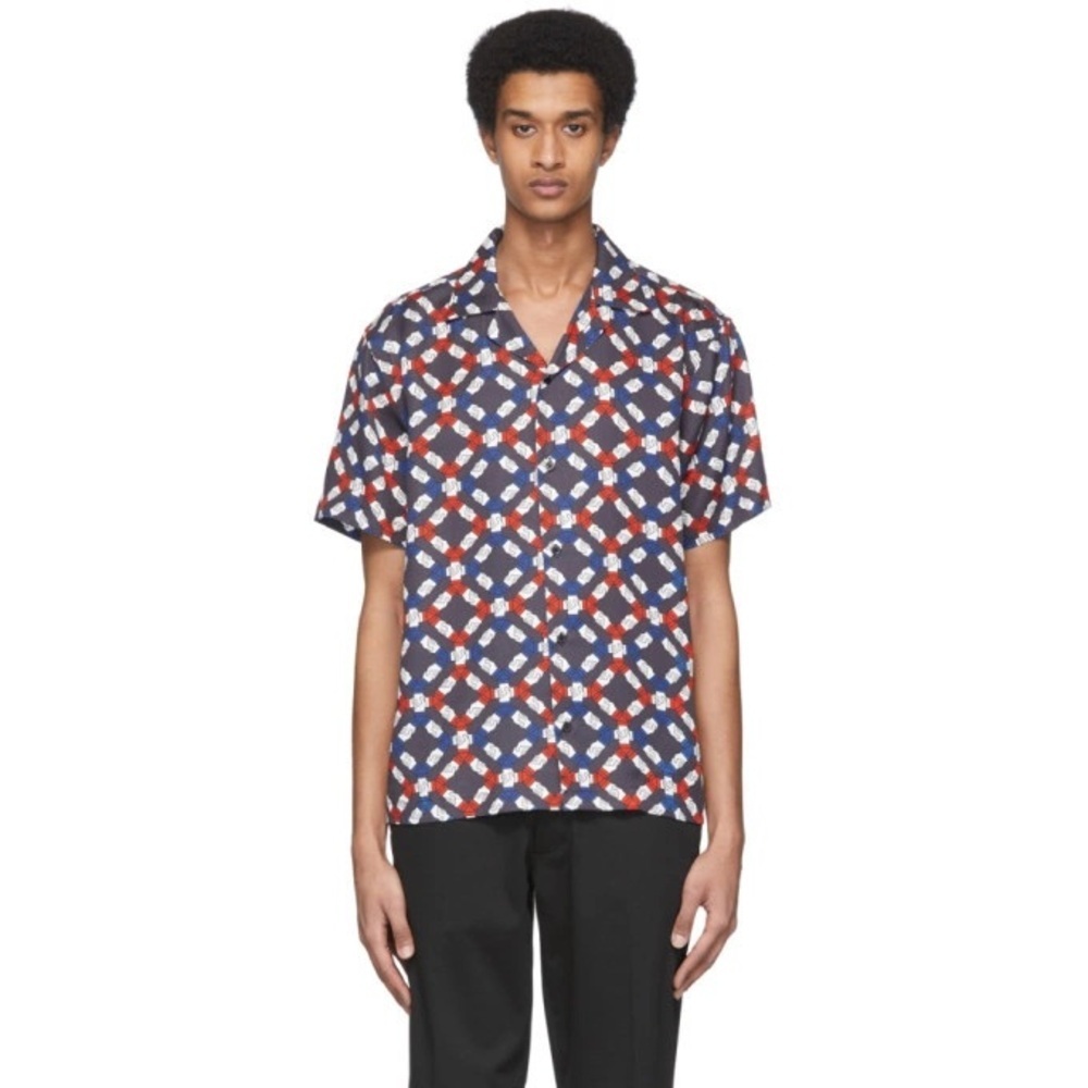 Saturdays NYC Camp Collar Shirt Mens M Navy Red Handshake Print Lyocell Resort